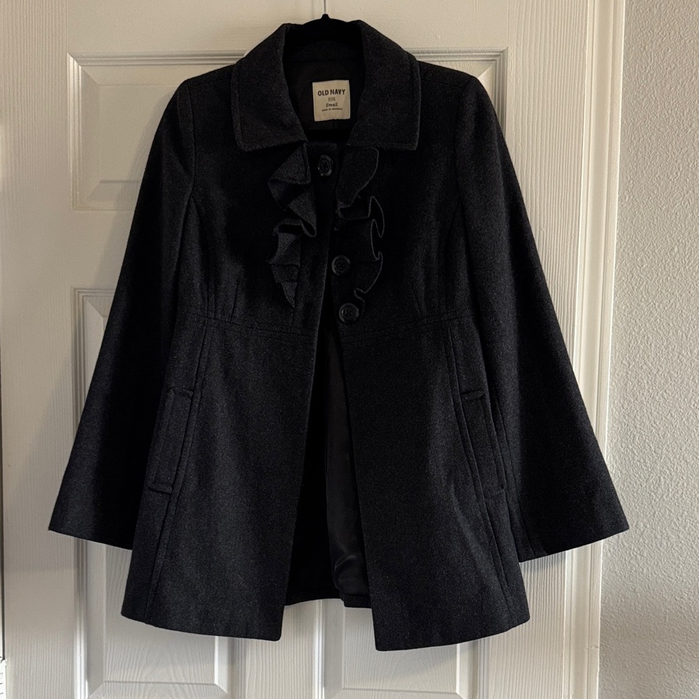 Old Navy Women's Ruffle Front Charcoal Gray Pea Coat